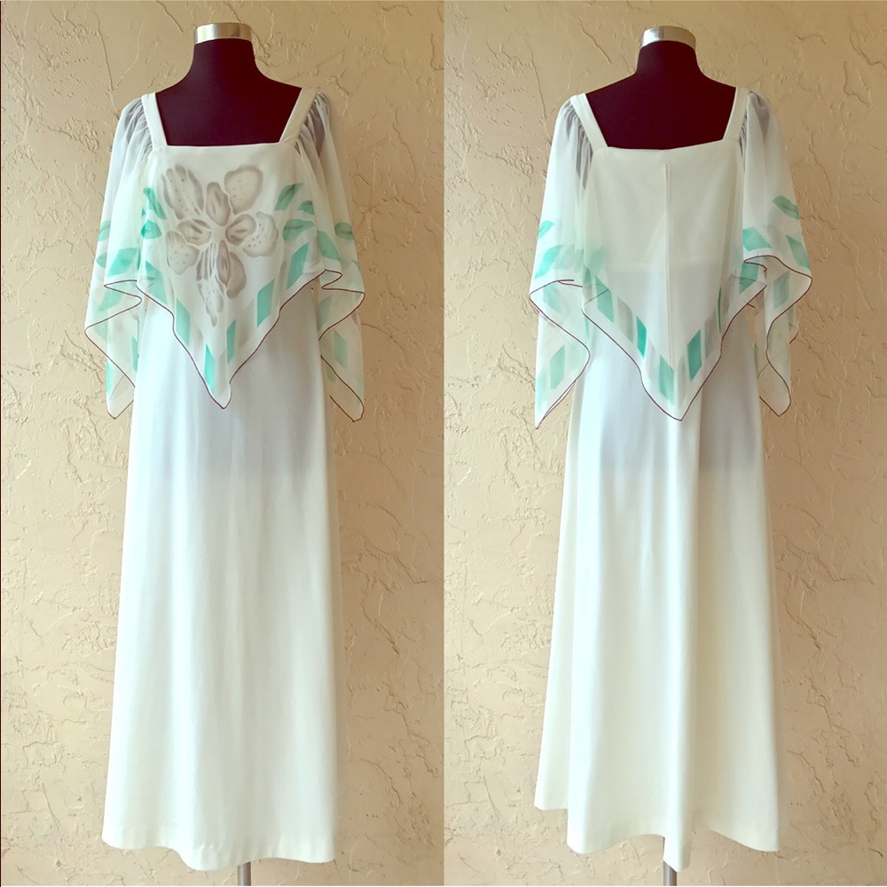 Vintage 70s White Green Hippie Festival Maxi Dress